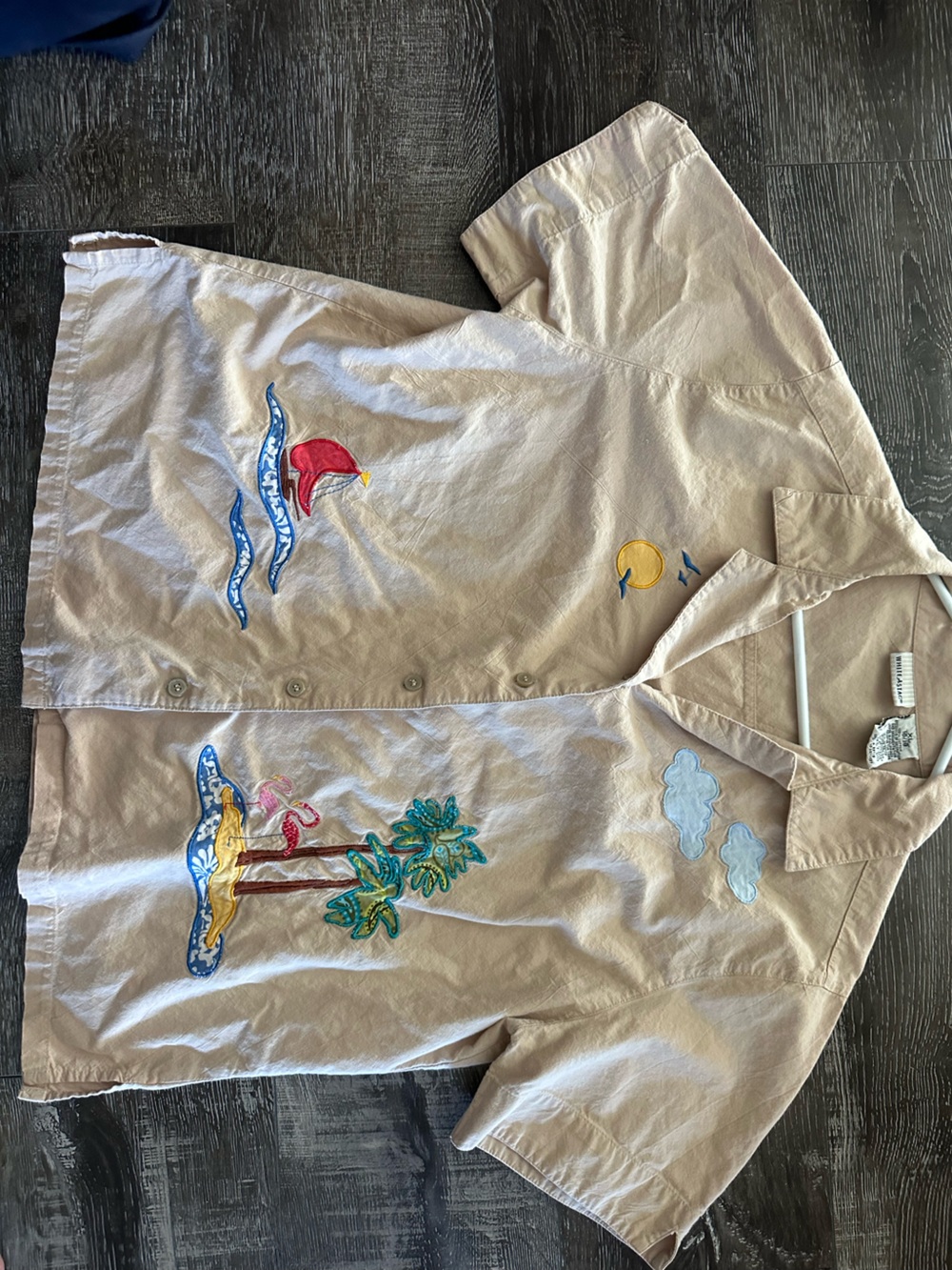 White Stag Beige Short-Sleeve Button-Down Shirt with Multicolor Embroidery